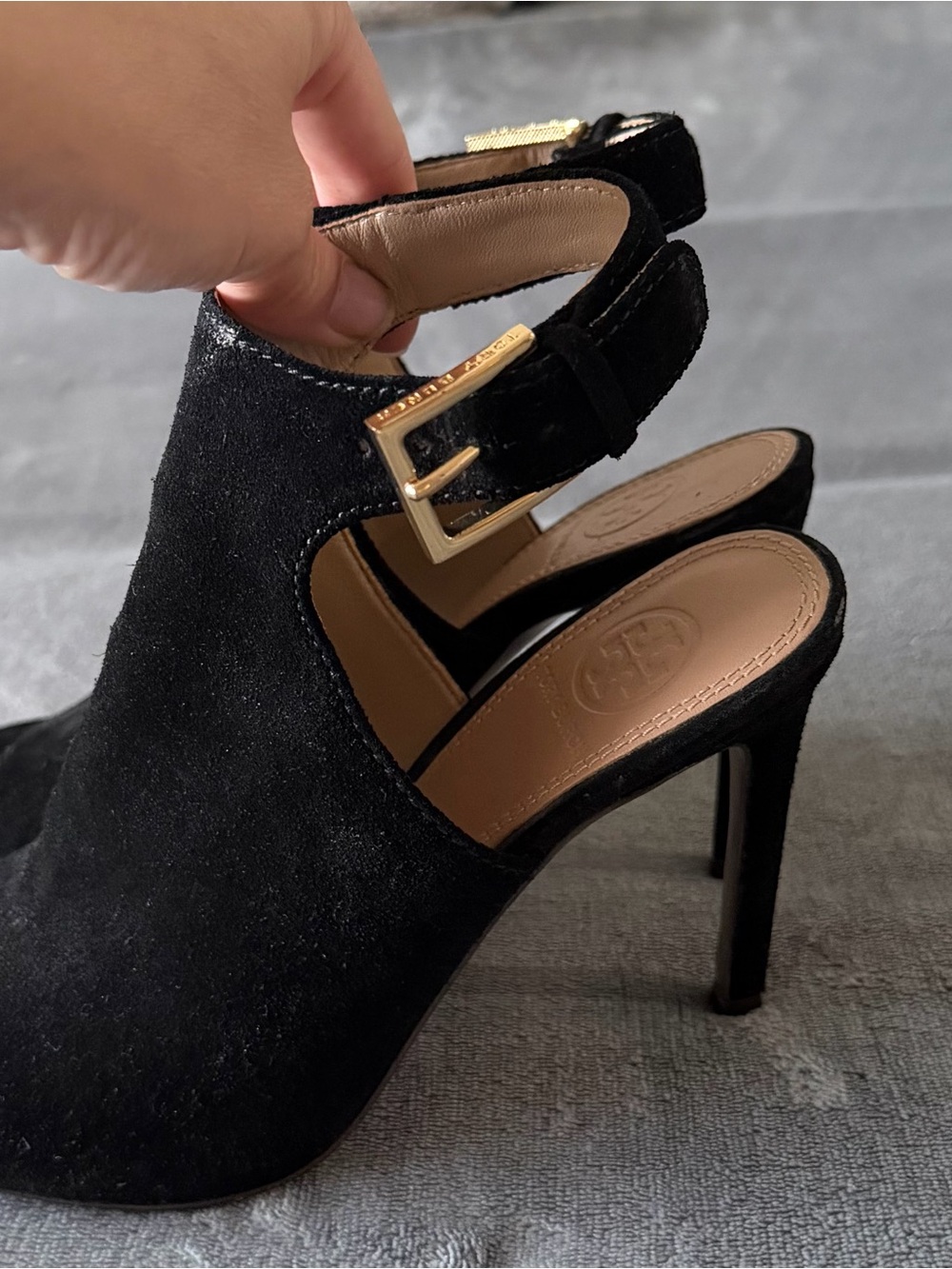 Tory Burch Black Suede Peep-Toe Stiletto Sandals with Gold Buckle - Picture 6 of 14